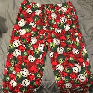 Festive Red and Green Smiley Face Pajama Pants